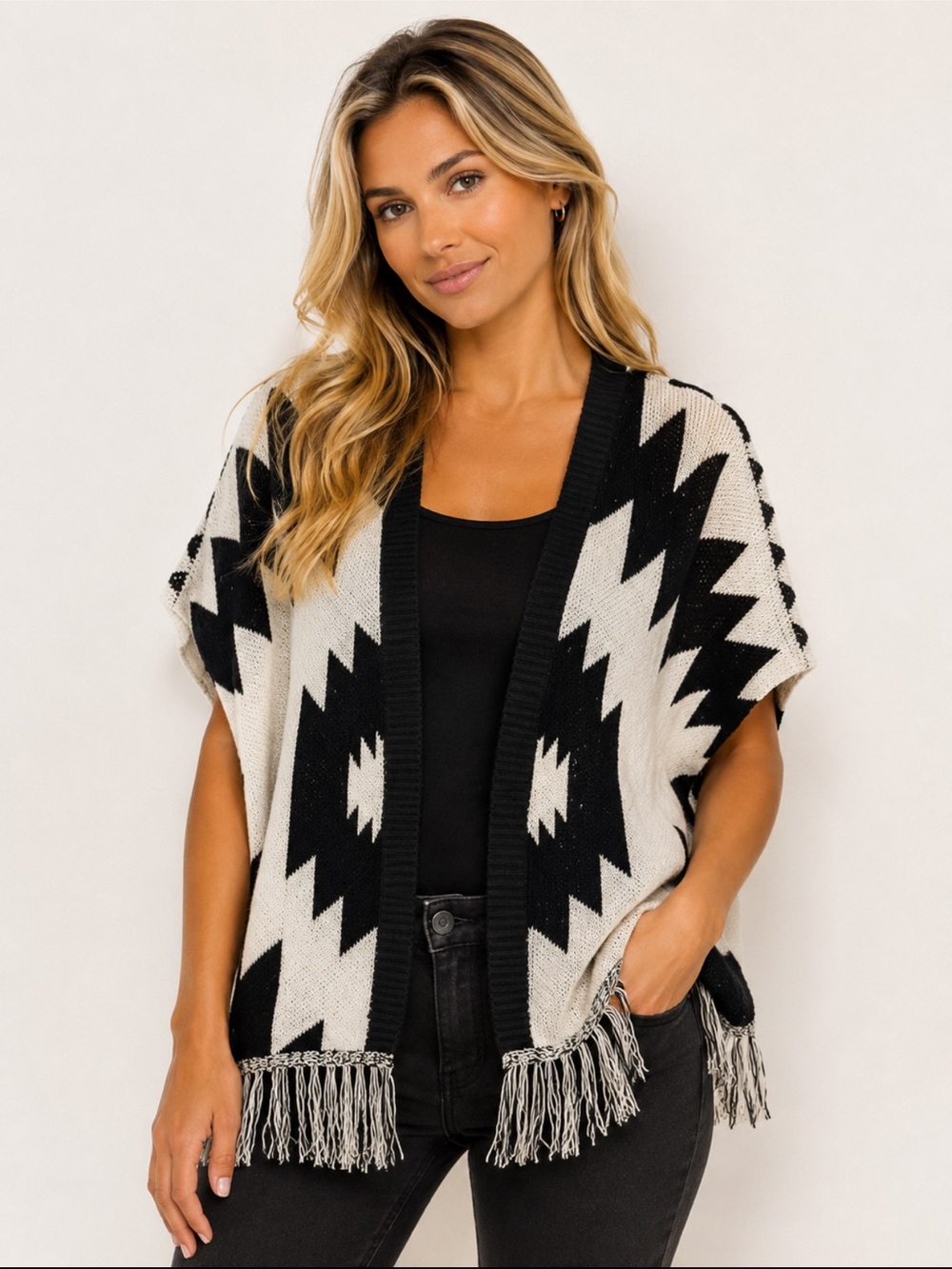 Oh M G! Aztec Geometric Fringe Open Cardigan Kimono Black Cream - Size M